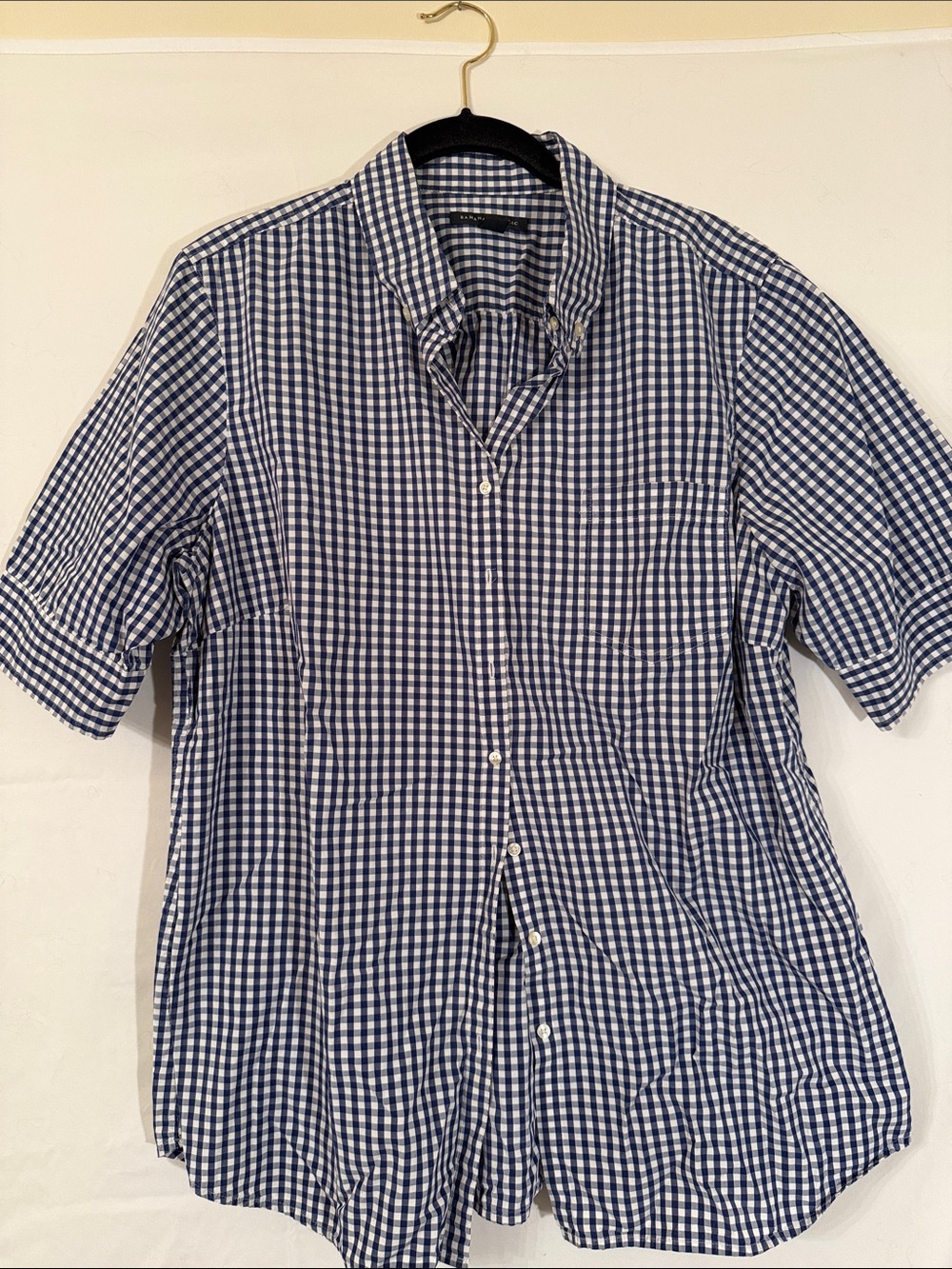 Banana Republic Navy & White Gingham Short Sleeve Button-Down